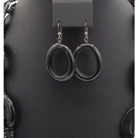 Beautiful Trending Classic Obsidian And Silver,  2” Loop Earrings   MUST SEE! - Picture 1 of 2